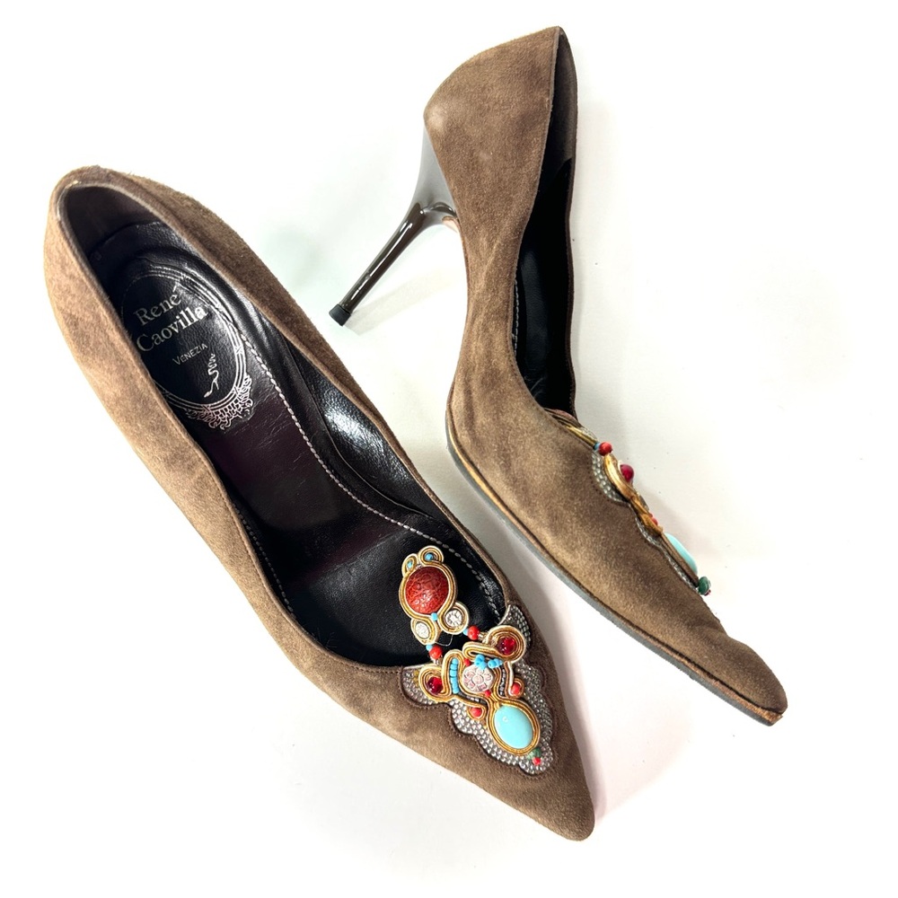 Rare Rene Caovilla Brown Suede Beaded Jeweled Heels Shoes Stilettos/38 (7.5)